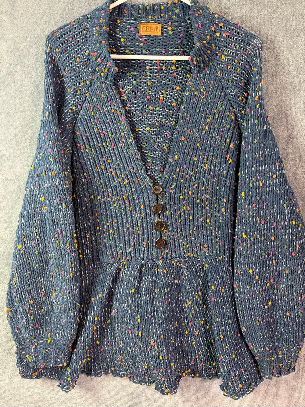 Vintage POL Blue Confetti Knit Cardigan Sweater Boho Button Front Women’s L